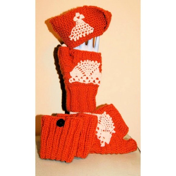 Fingerless Gloves Boot Cuffs & Twist Headband Set Hand Knit Pumpkin Burnt Orange - Picture 2 of 9